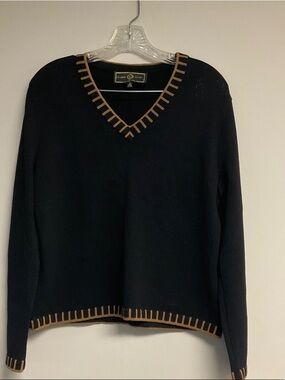 St. John Black V-Neck Sweater with Brown Trim Accents
